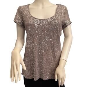 White House Black Market Gray Silver Sequin Scoop Neck Tee Size Medium